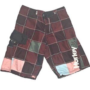 Hurley Mens Boardshorts Swim Trunks Brown Plaid Size 28 One Size Pocket Big Logo